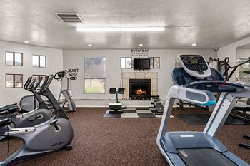 a gym with exercise equipment and a fireplace
